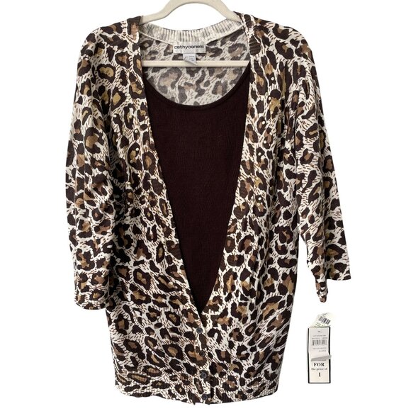 Vintage Y2K Cathy Daniels TwoFer Cardigan Size XL 3/4 Sleeve Studded Leopard NEW - Picture 1 of 8